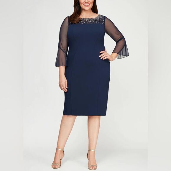 NWT ALEX EVENINGS Plus Short Sheath Dress Illusion Neckline Bell Sleeves Navy 16 - Picture 1 of 9